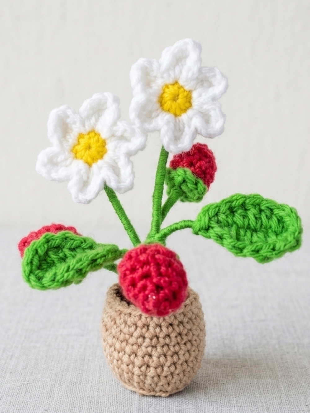 Handmade Faux Floral Crochet Strawberry Plant in White and Green